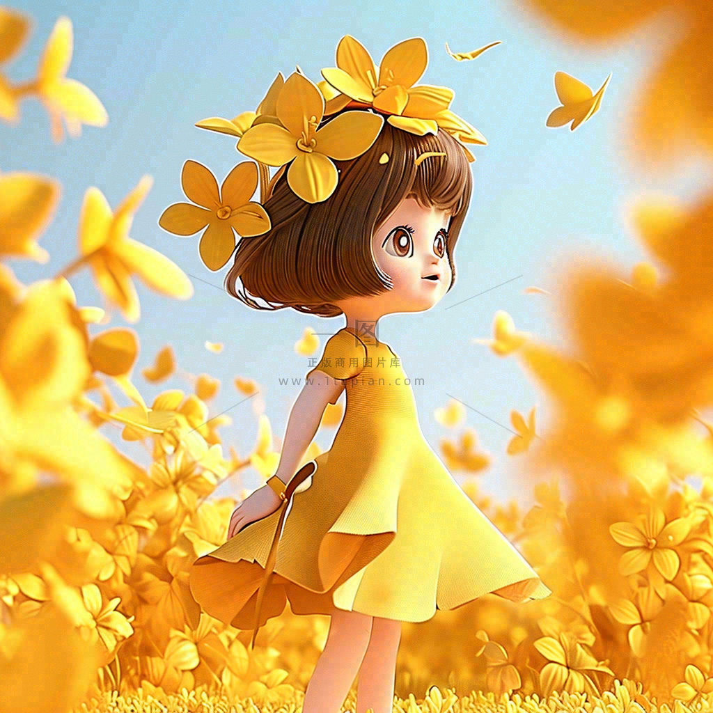 秋天秋叶飘落黄衣少女在欣赏美景,秋分