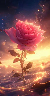 海平面上渐变落日前的一支粉色玫瑰花鲜花花朵，鲜艳爱情