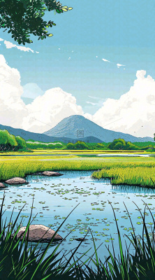 春天阳光灿烂远处的高山和田野春意盎然手绘卡通画