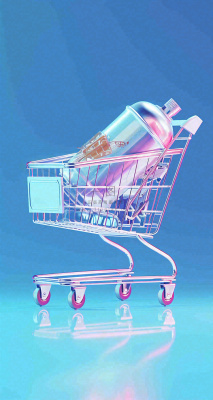 彩色奇幻渐变蓝紫粉色购物车手推车3D