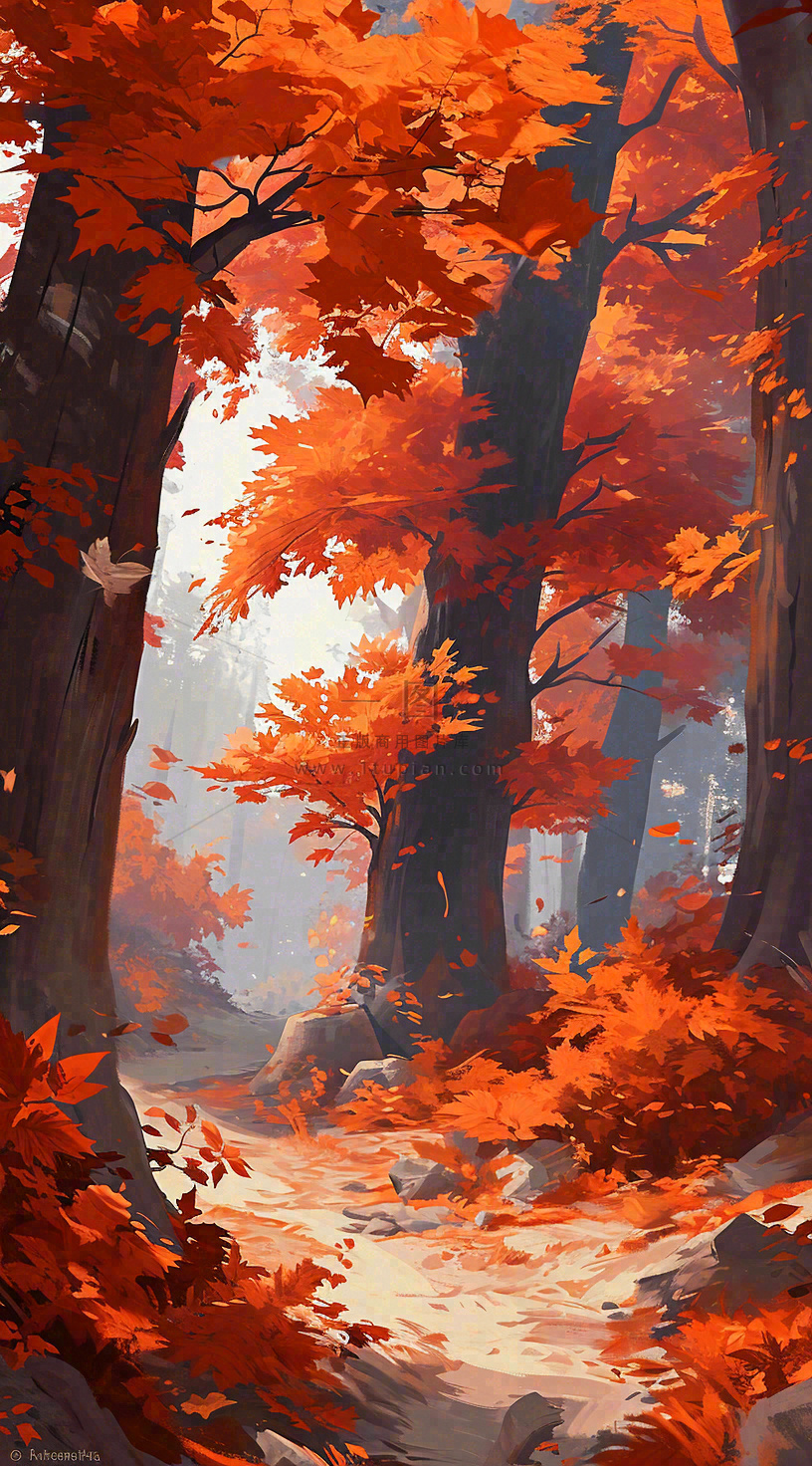 秋天红色秋叶树落叶温馨自然风景,立秋手绘插画