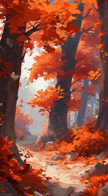 秋天红色秋叶树落叶温馨自然风景，立秋手绘插画