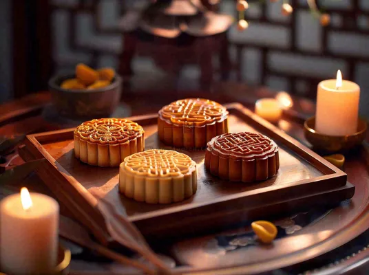 月饼中秋美食蜡烛节日氛围装饰摄影图