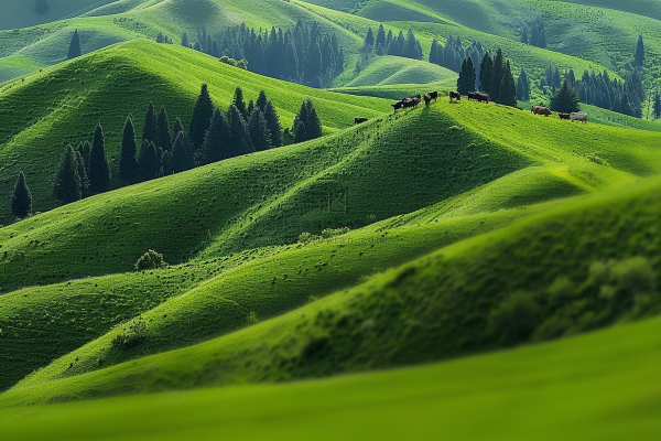 春天草甸山峦树木草地摄影图