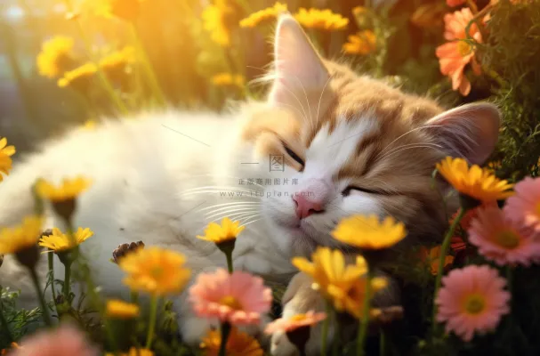 猫躺着花丛里的猫咪可爱菊花摄影图 