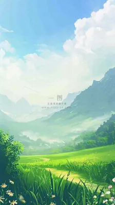 春天郊外露营旅行山脉蓝天白云草坪草地花丛，清新自然，惊蛰春分