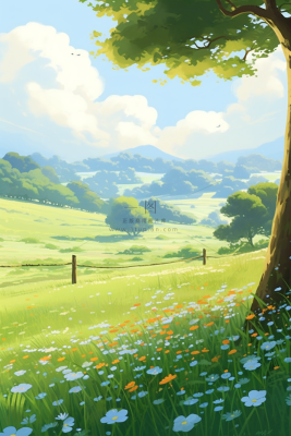 夏日风光草原山林花丛卡通插画背景