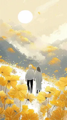 老人相伴到老，菊花黄色花朵，落日山脉