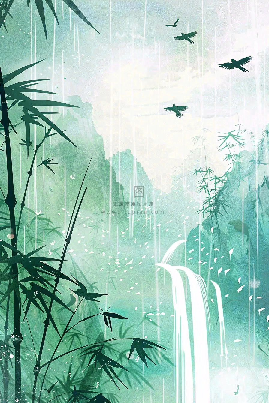 国风山水竹林磅礴山河瀑布大雁雨滴清明端午水墨插画背景