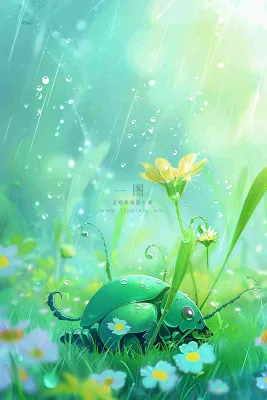 春天绿色甲壳虫昆虫草丛花朵雨水谷雨惊蛰卡通插画背景 春天绿色甲壳虫昆虫草丛花朵雨水谷雨惊蛰卡通插画背景