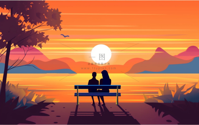 夕阳晚霞日楼情侣剪影橘红背景 夕阳晚霞日楼情侣剪影橘红背景