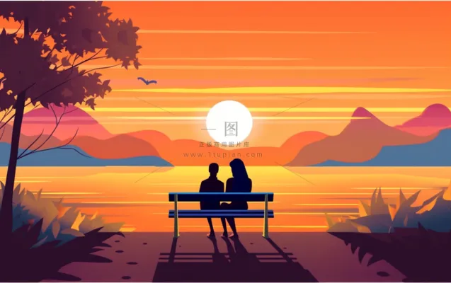夕阳晚霞日楼情侣剪影橘红背景 夕阳晚霞日楼情侣剪影橘红背景