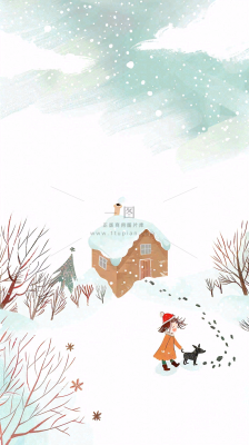 冬天雪山白雪地木屋女孩牵着狗游玩可爱卡通插画立冬大雪小雪背景