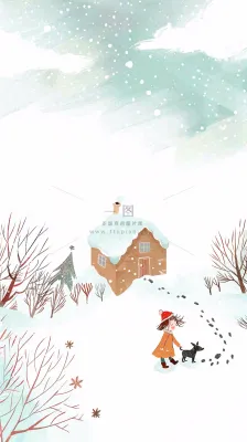 冬天雪山白雪地木屋女孩牵着狗游玩可爱卡通插画立冬大雪小雪背景
