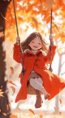 秋天浪漫秋叶儿童少女荡秋千插画,秋分 秋天浪漫秋叶儿童少女荡秋千插画,秋分