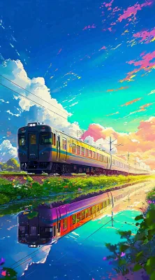 城市交通乡村铁路高铁，户外蓝天白云河边