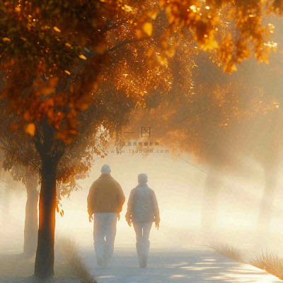父母年长老人重阳节温馨落日背影