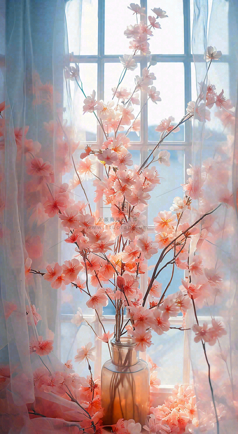 春天窗台花瓶粉色鲜花花束,春分