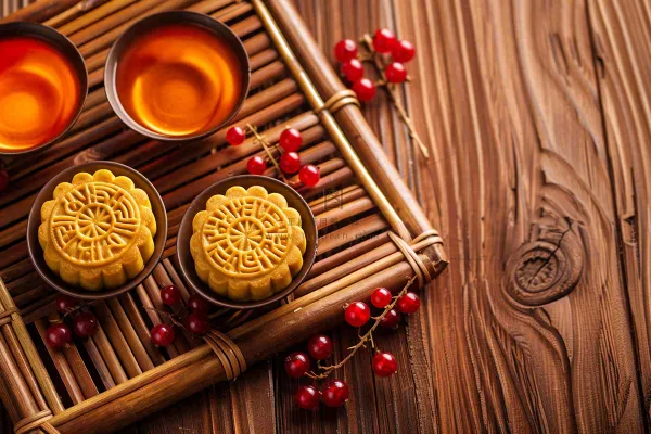 中国传统糕点月饼竹制托盘上的茶杯中秋节摄影图