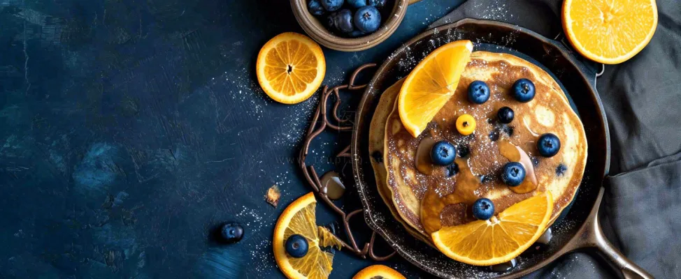 美食简约烤饼蛋糕，巧克力水果橙子摄影图