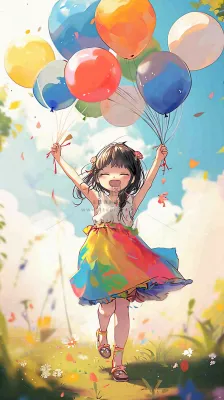 一个可爱的小女孩手里牵着彩色气球在草地上奔跑夏天,儿童节 一个可爱的小女孩手里牵着彩色气球在草地上奔跑夏天,儿童节