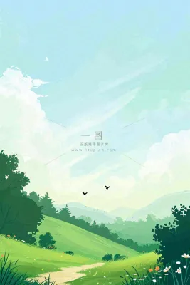 春日郊游草坪小路小花踏青手绘插画，立春春分