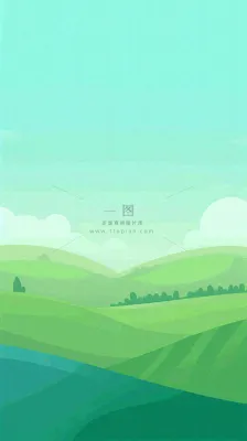 蓝天白云草地卡通扁平手绘插画春天绿色立春，春分