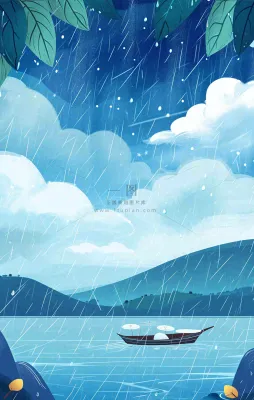 春天雨天湖面山脉小船植物花朵，雨水谷雨