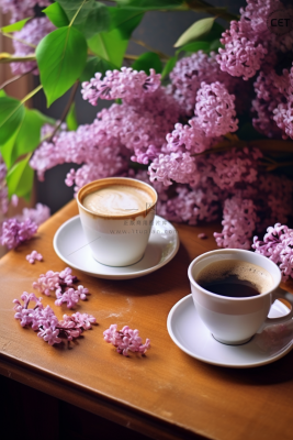 紫粉色鲜花书桌咖啡杯下午茶摄影图 