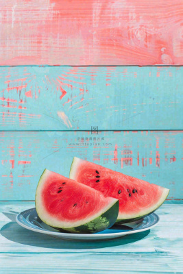 夏日西瓜切块粉蓝木板背景立夏下载小暑处暑摄影图