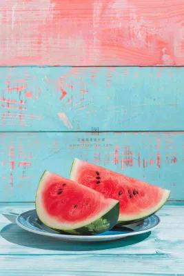 夏日西瓜切块粉蓝木板背景立夏下载小暑处暑摄影图
