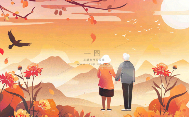 重阳节黄昏老人登高望远背影卡通插画背景