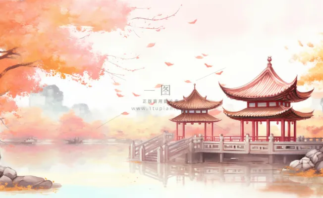 秋季枫叶晚亭山水湖面倒影美景中国风水墨画插画背景 秋季枫叶晚亭山水湖面倒影美景中国风水墨画插画背景