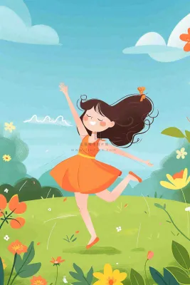 蓝天白云草坪翩翩起舞的小女孩儿童节卡通插画背景 蓝天白云草坪翩翩起舞的小女孩儿童节卡通插画背景