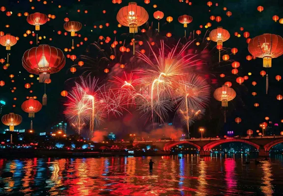 节日庆祝江上烟花活动灯笼背景