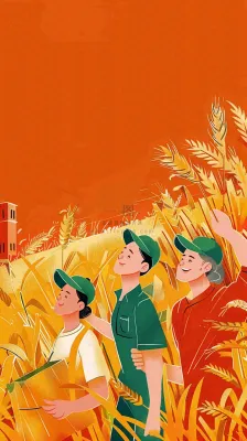 红色插画土地收成粮食农民辛勤劳作劳动节卡通插画背景