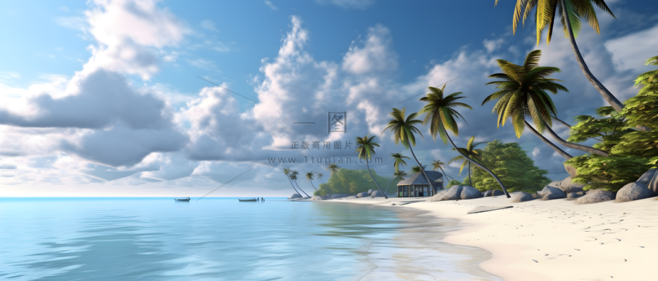岛上的海滩清爽干净的风格天蓝色和米色宁静的氛围天蓝色背景