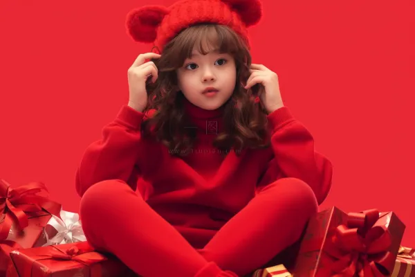 新年新春女孩拆礼物红色礼盒背景摄影图