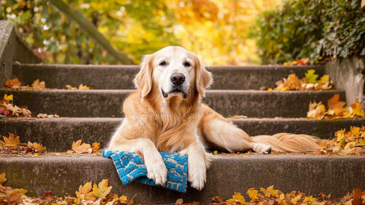 秋天公园台阶上的金毛犬狗宠物摄影图