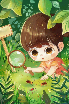 儿童学生森林冒险放大镜观察蚂蚁户外探险儿童节卡通插画背景 儿童学生森林冒险放大镜观察蚂蚁户外探险儿童节卡通插画背景