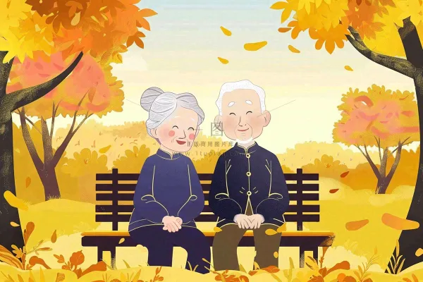 秋天公园长椅坐着的老年夫妻老人互相陪伴黄树落叶重阳佳节卡通插画背景 秋天公园长椅坐着的老年夫妻老人互相陪伴黄树落叶重阳佳节卡通插画背景