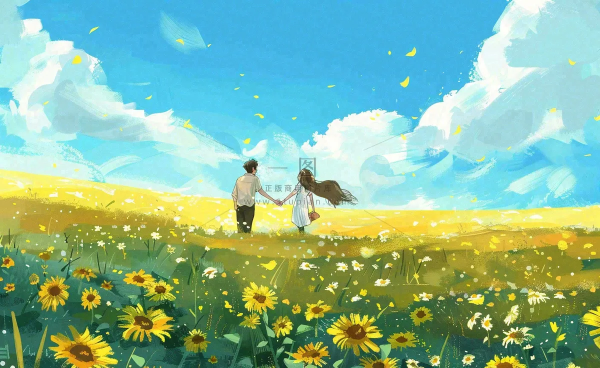向日葵花海里的情侣恋人浪漫蓝天白云立夏夏至情人卡通插画背景