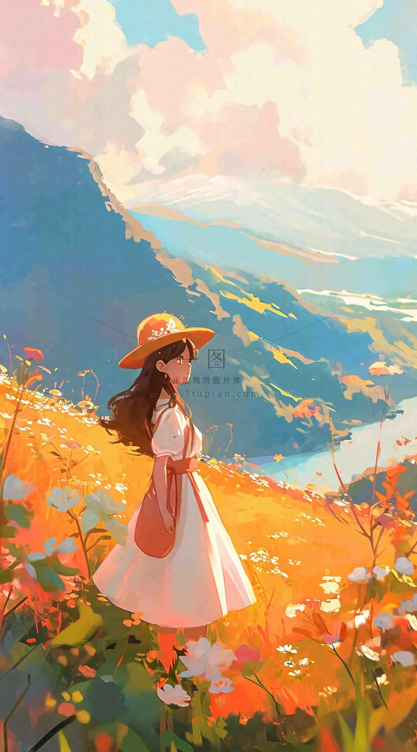 油画女孩春天踏青郊游山脉鲜花草地，春分，插画手绘