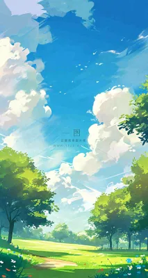 蓝天白云小花绿树树木草地插画手绘，春天春分