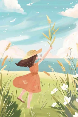 秋天湖边女孩随风舞动芦苇荡白鸽白鹭白露寒露插画背景