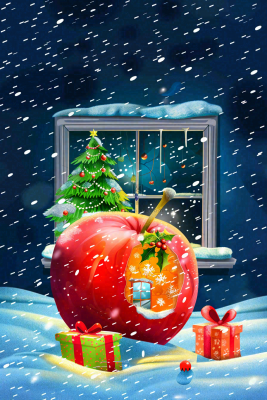 冬天寒冷的白雪红苹果屋窗户夜晚平安夜卡通插画背景 冬天寒冷的白雪红苹果屋窗户夜晚平安夜卡通插画背景