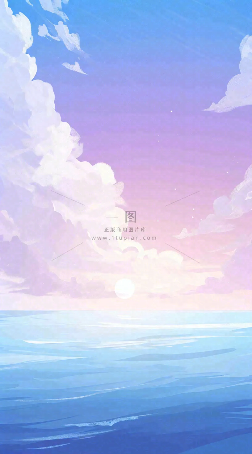 蓝紫色天空白云清新浪漫落日海上倒影