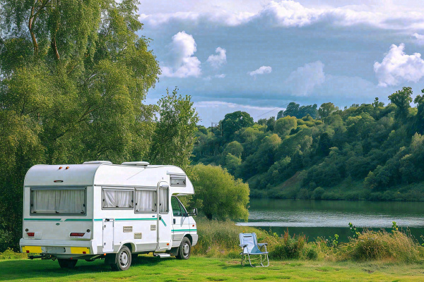 野外露营湖边停着一辆房车，野餐，春游摄影图