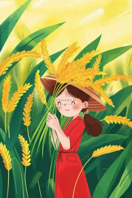 丰收季女孩抱着麦穗金黄的小麦稻穗农田芒种小满秋分立秋卡通插画背景