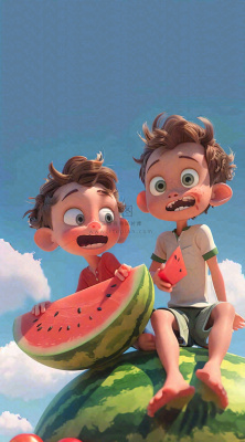 夏天西瓜男孩玩耍欢乐清凉解暑盛夏夏至大暑插画背景